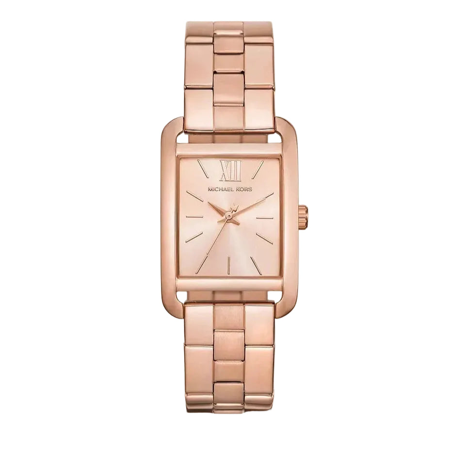 Michael Kors Monroe women's watch with rose gold-tone rectangular case, champagne dial with Roman numerals, and link bracelet