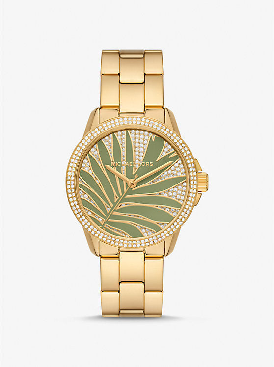 Michael Kors Pyper gold-tone women's watch with crystal bezel and green dial, front view