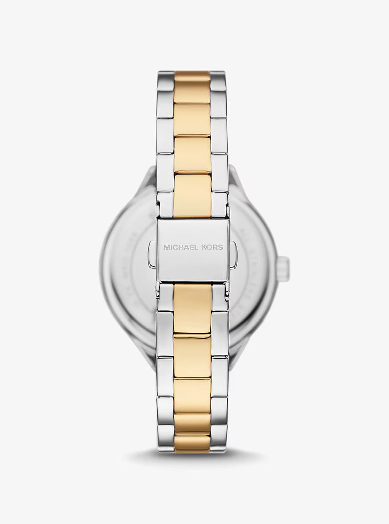 Michael Kors MKO1058 case back showing transparent display and two-tone bracelet