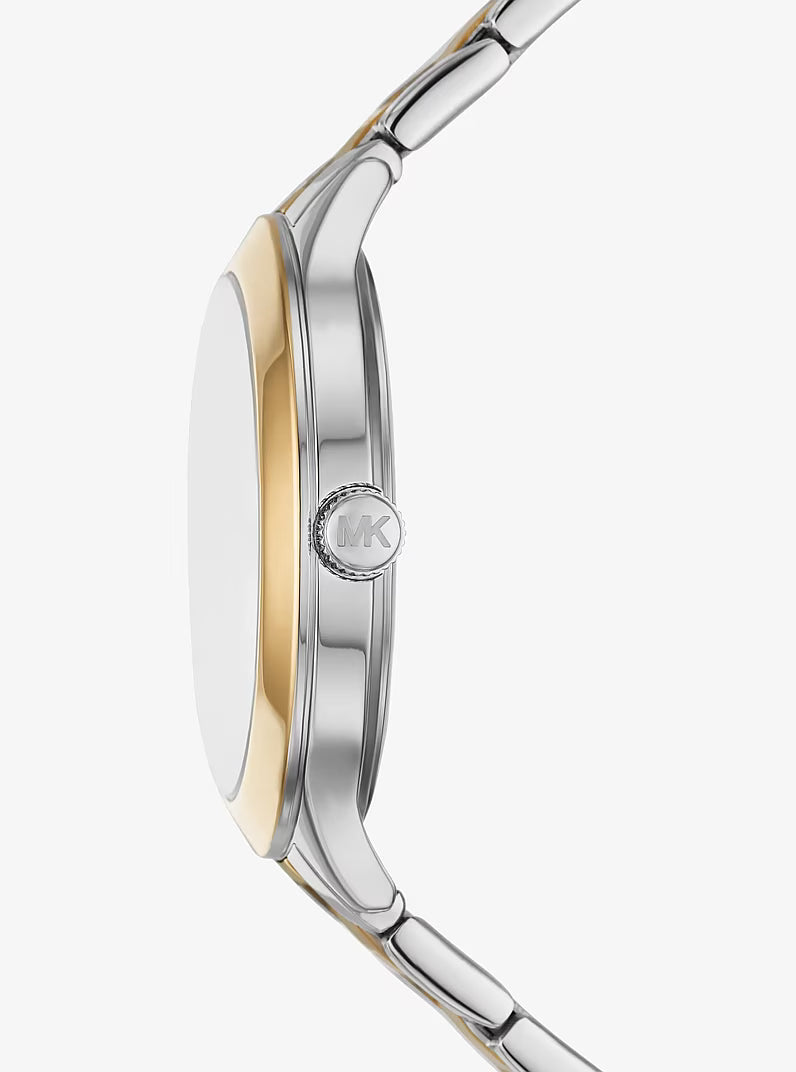 Side profile of Michael Kors MKO1058 watch showing case thickness and two-tone design