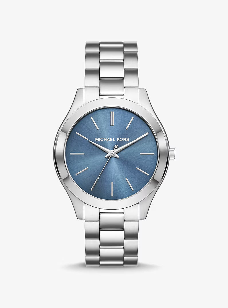 Michael Kors Oversized Aspyn silver-tone watch with blue dial and metal bracelet