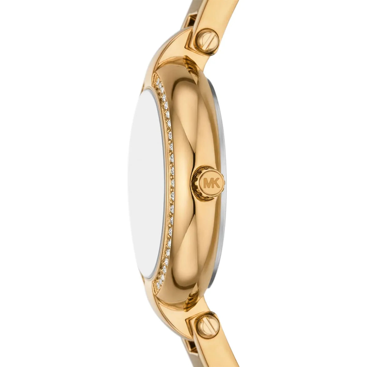 Side profile of gold-tone Mini Laney watch showing case thickness and bracelet links
