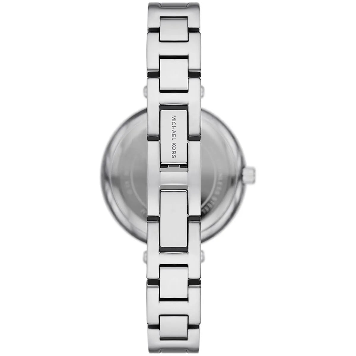 Mini Laney silver-tone bangle watch shown from back with stainless steel bracelet