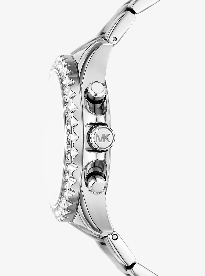 Side view of Michael Kors Everest watch showing stainless steel bracelet and chronograph pushers