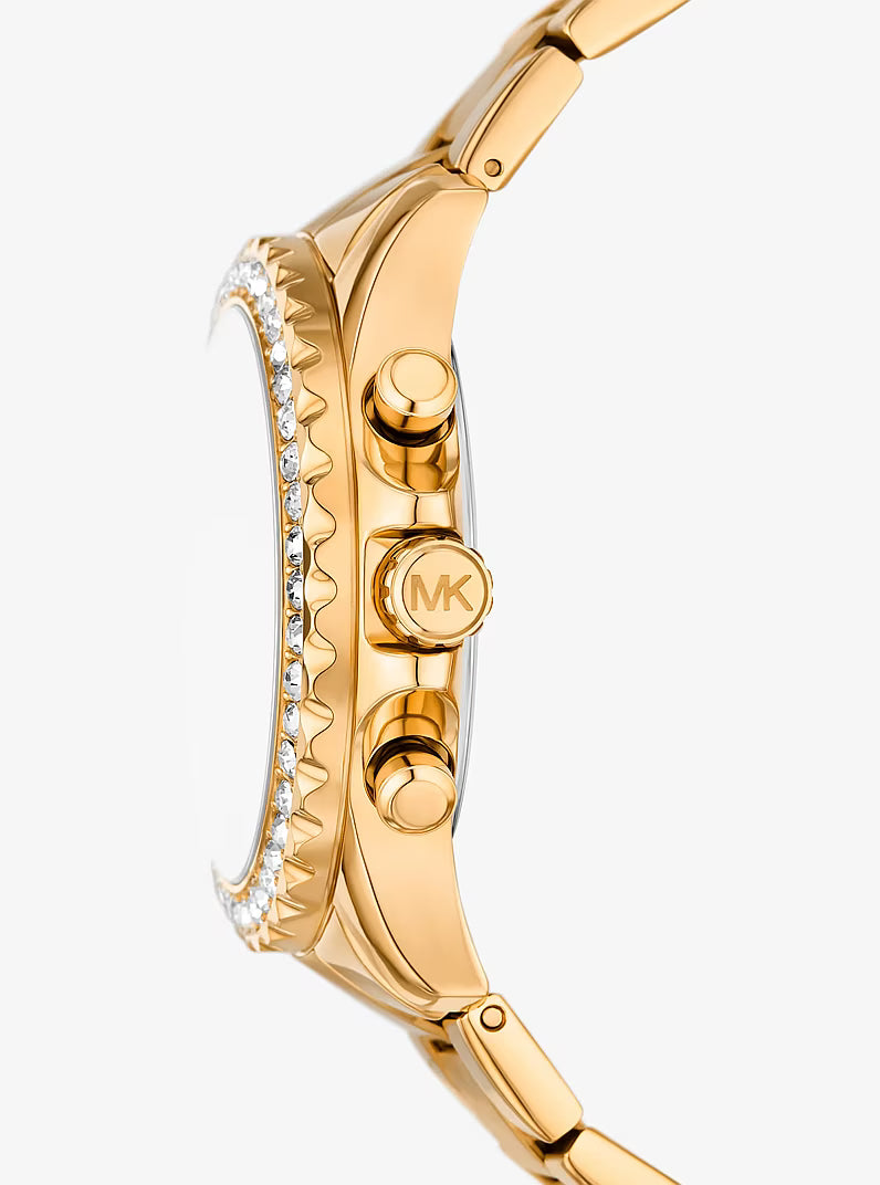 Michael Kors Everest gold chronograph watch side view with crystal-embellished gold bracelet
