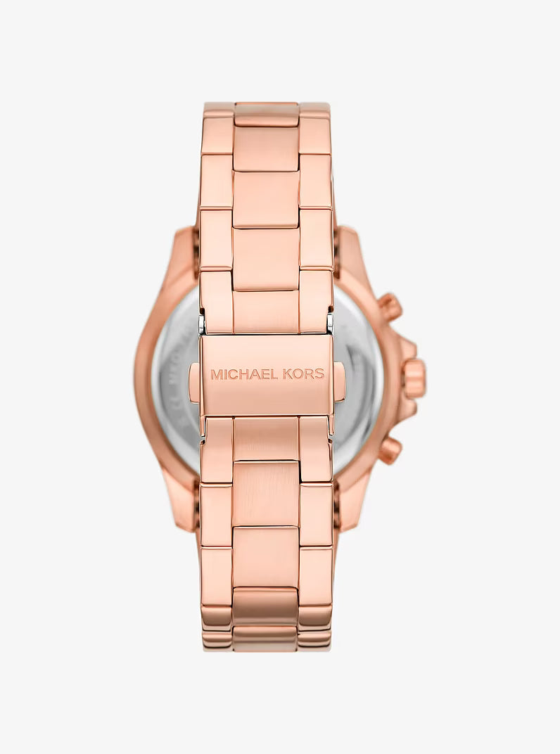 Back view of Michael Kors Everest rose gold watch showing bracelet and caseback with Michael Kors text