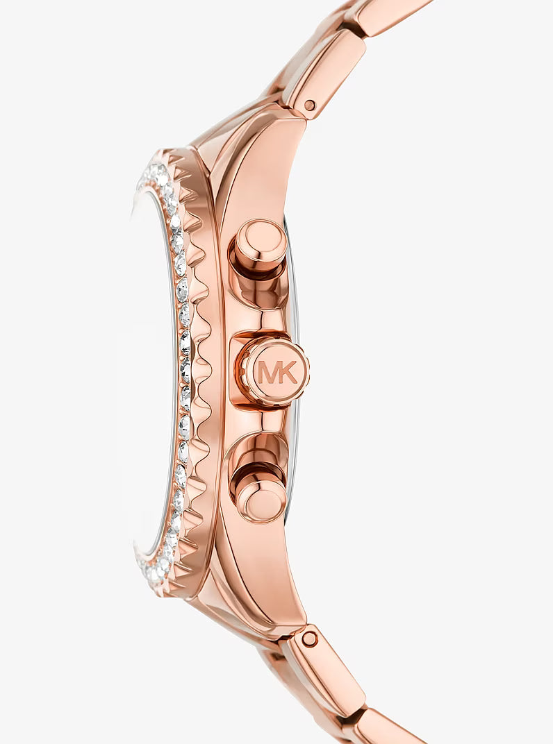 Side view of Michael Kors Everest rose gold watch showing chronograph pushers and MK logo on case