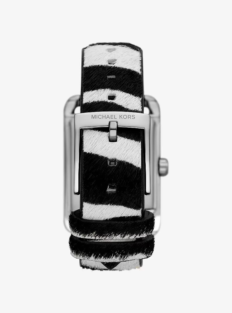 Top view of Monroe watch showing rectangular case and MK logo on zebra striped strap