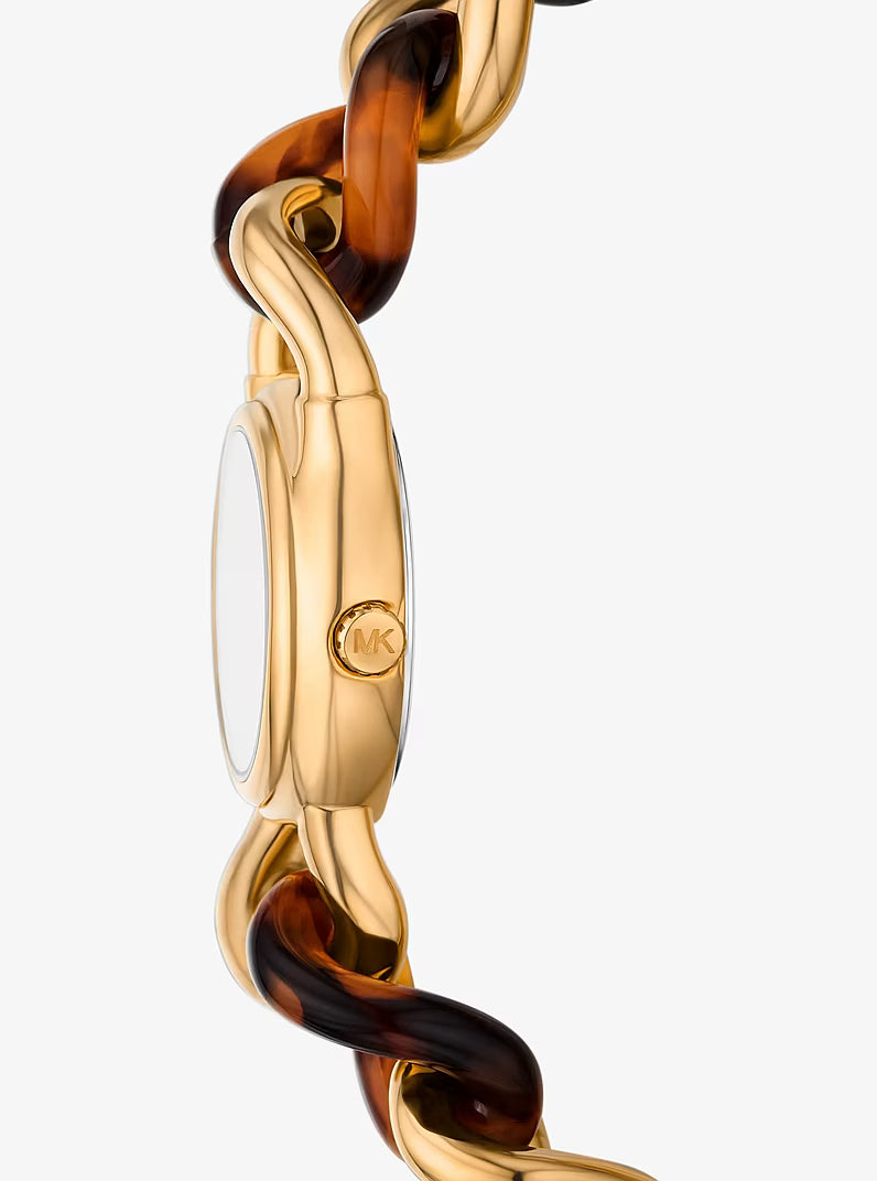 Side view of Petite Lock watch showing case profile and chain attachment