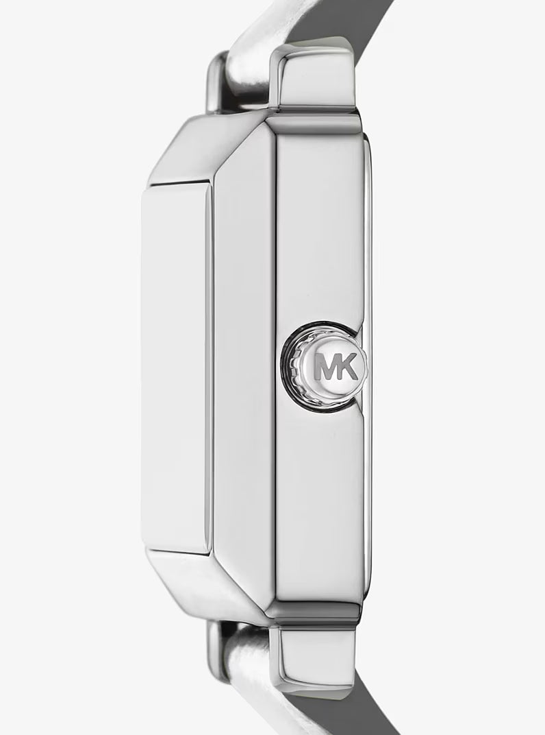 Side view of Michael Kors watch showing square case profile and white leather strap