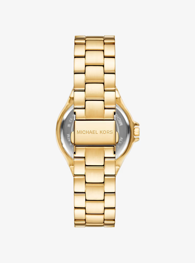 Gold-tone watch caseback showing Michael Kors branding and link bracelet