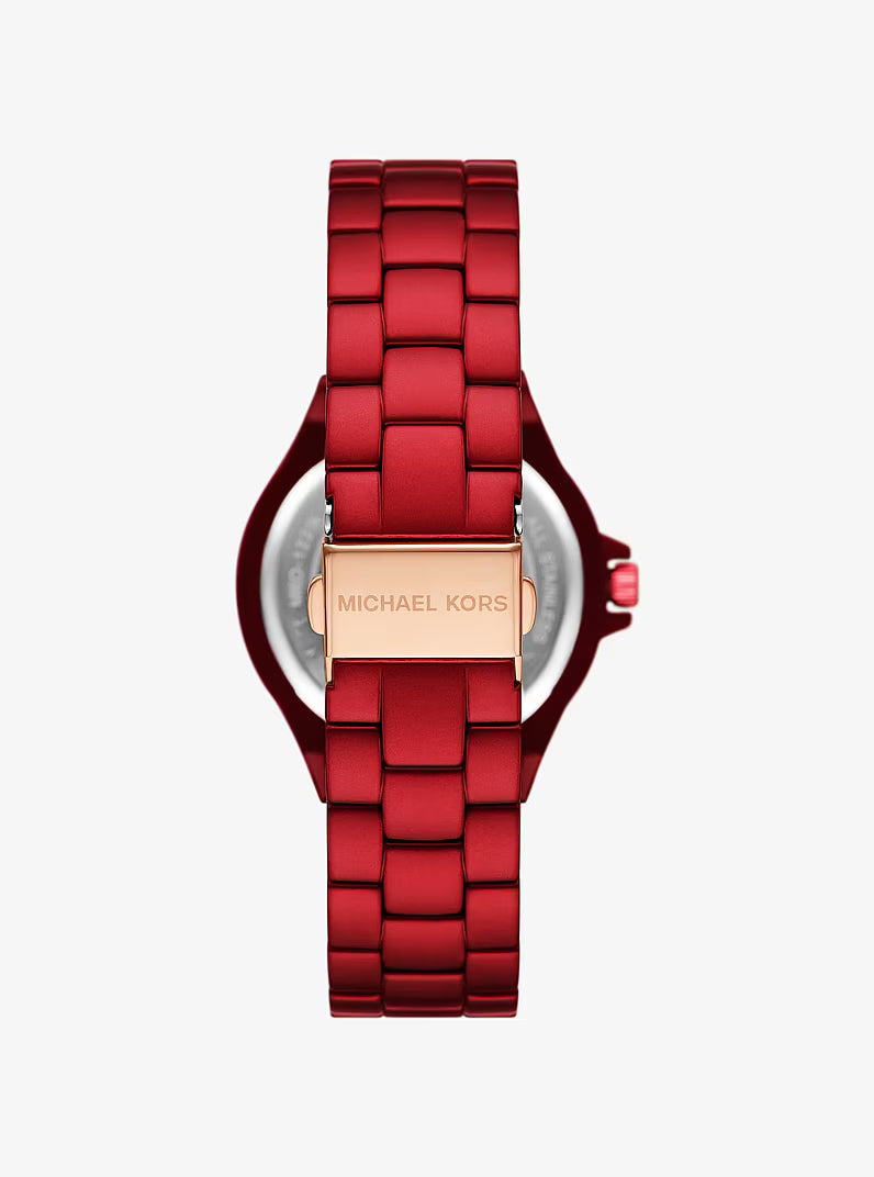 Caseback view of Michael Kors Lennox watch with red-tone bracelet and rose gold clasp