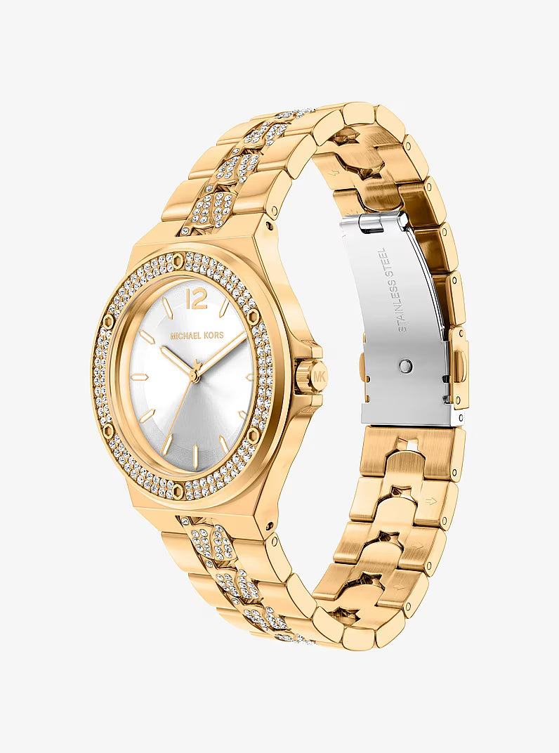 Angled view of Michael Kors Lennox gold-tone watch with pavé crystals and white dial