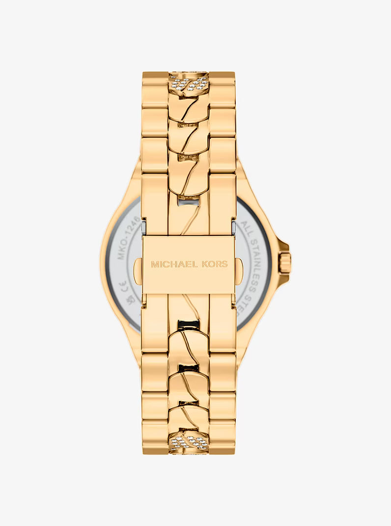 Caseback view of Michael Kors Lennox gold-tone bracelet watch