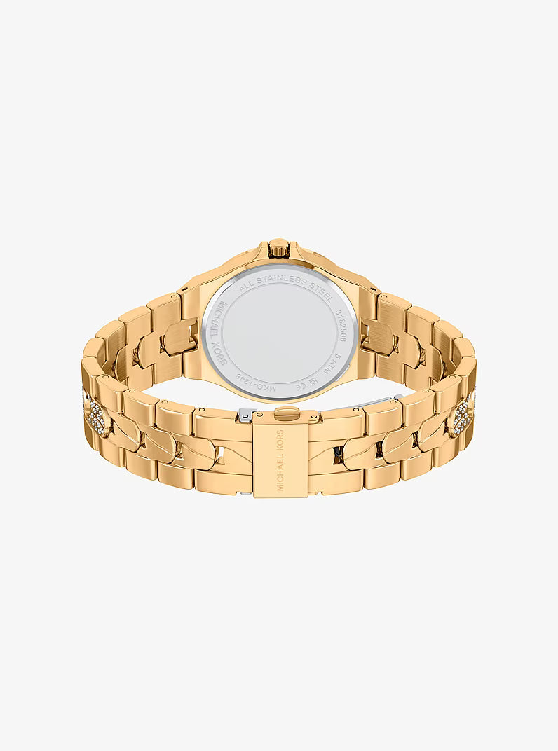 Top-down view of Michael Kors Lennox women's watch with gold-tone bracelet