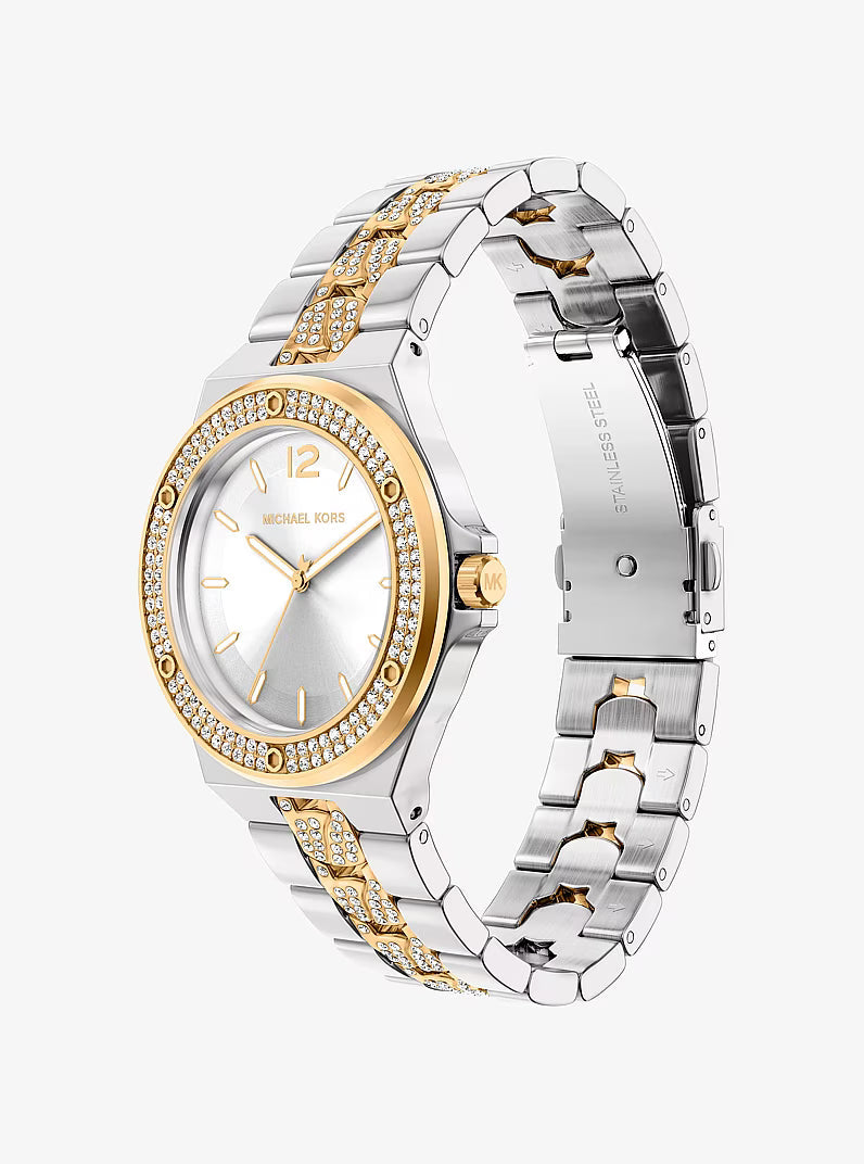 Michael Kors Lennox women's watch angled view with crystal-set bezel and two-tone mixed metal design