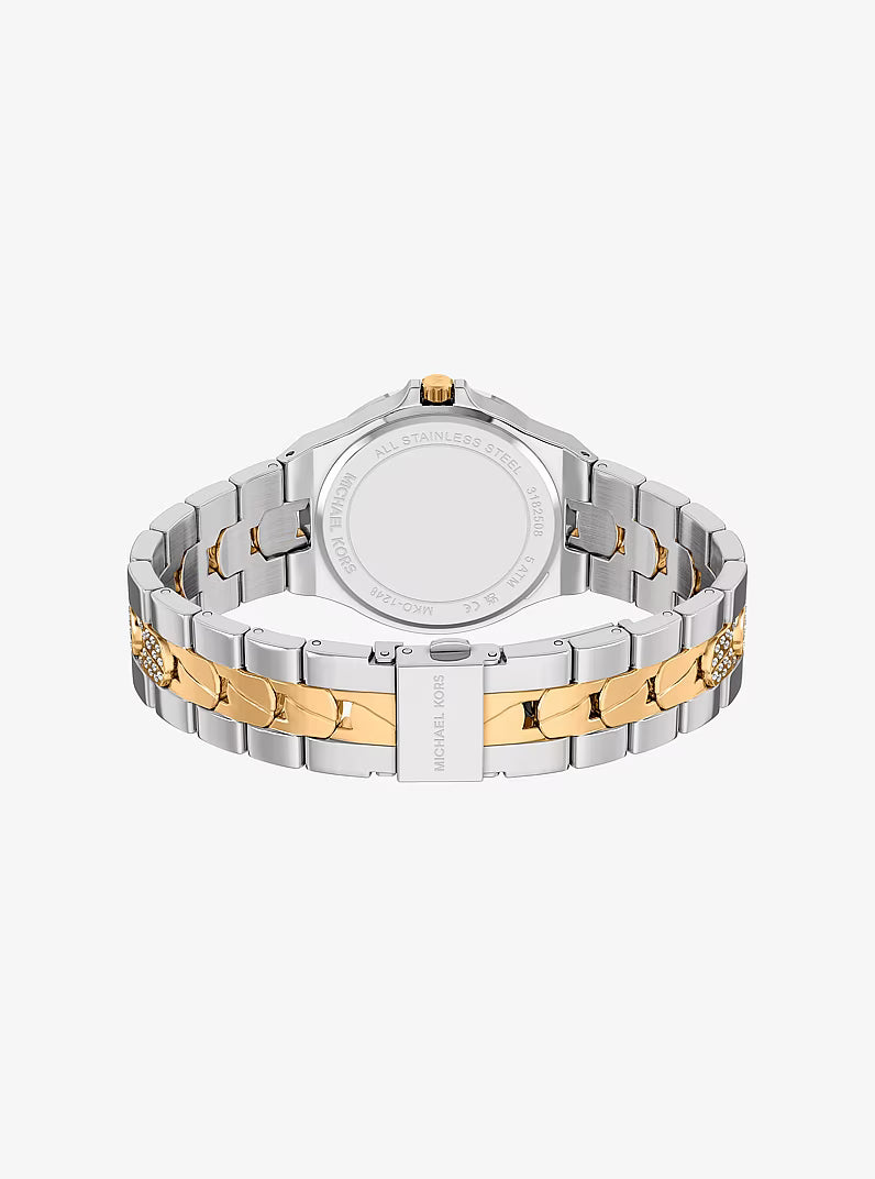 Michael Kors Lennox watch top-down view of two-tone bracelet with alternating silver and gold links
