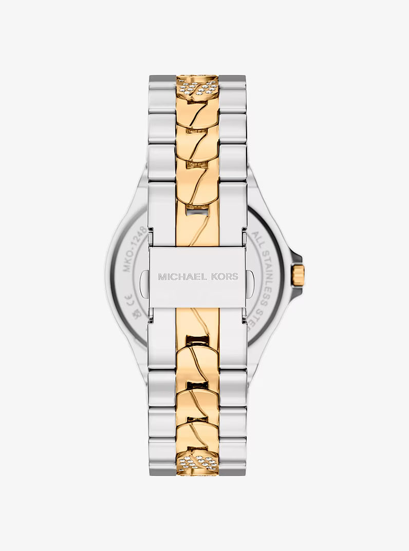 Michael Kors Lennox watch caseback view showing silver and gold alternating bracelet links