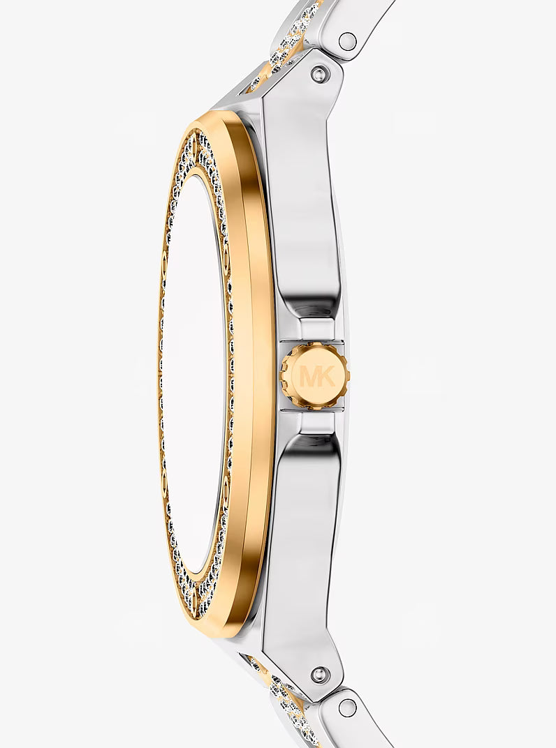 Michael Kors Lennox watch side profile showing gold and silver two-tone case and bracelet design