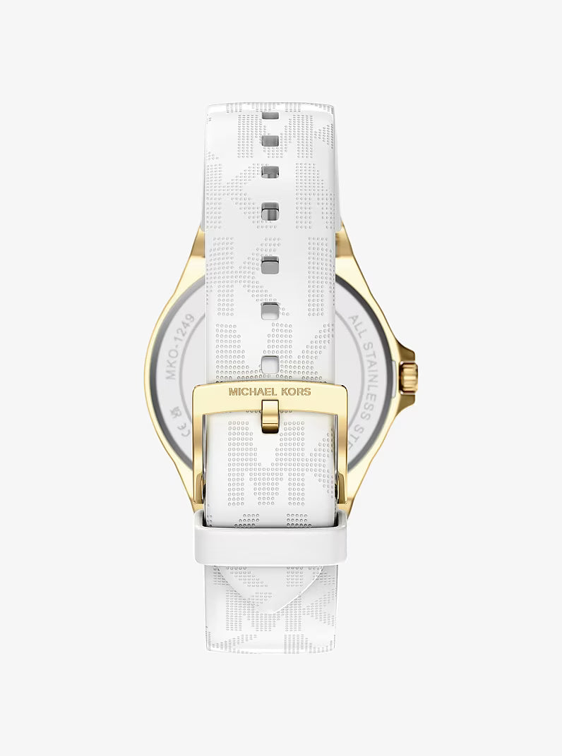 Back view of Michael Kors Lennox watch showing caseback and white silicone strap