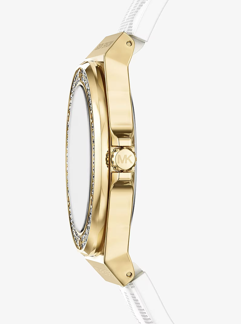 Side profile of Michael Kors Lennox watch showing gold-tone case and white silicone strap