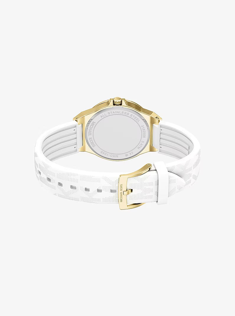 Michael Kors Lennox watch strap detail showing white logo silicone with gold-tone buckle