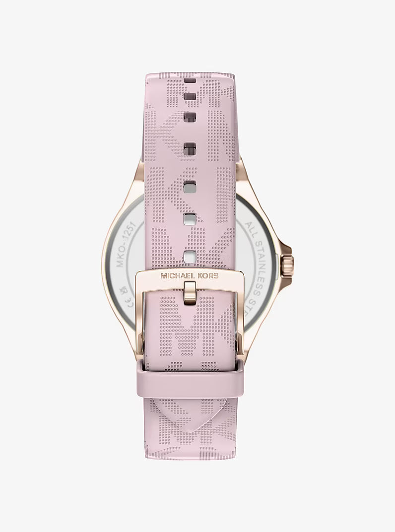Case back view of Michael Kors Lennox watch with pink silicone strap and rose gold buckle