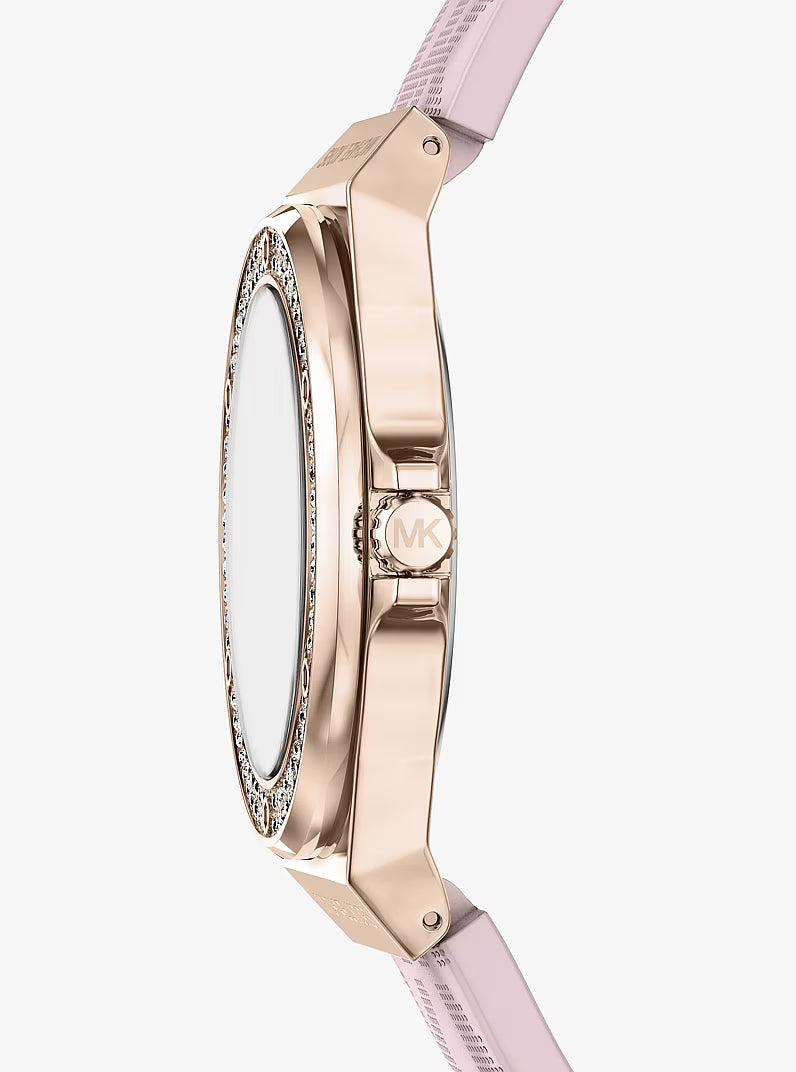 Side view of Michael Kors Lennox watch showing rose gold case profile and pink strap