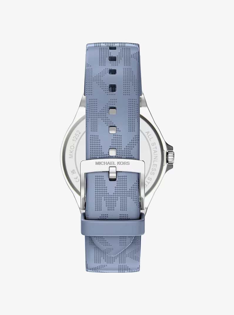 Caseback view of Michael Kors Lennox watch with blue strap and buckle closure