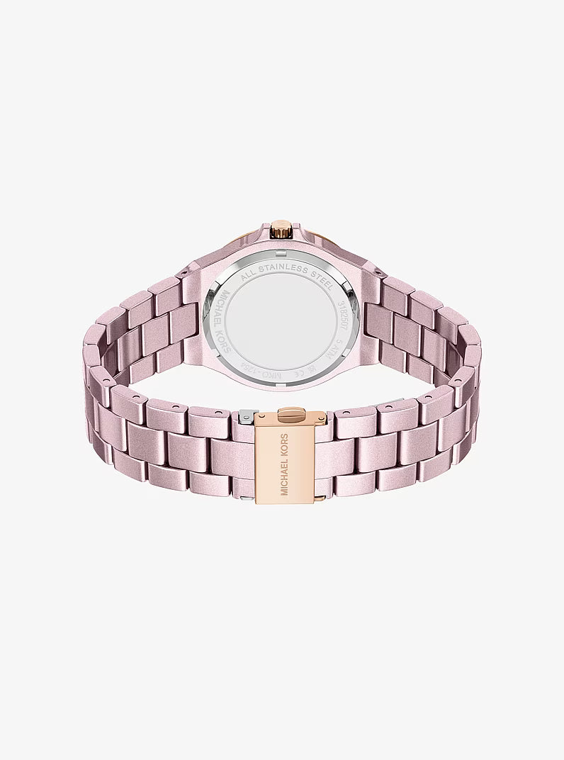 Rear view of Michael Kors Mini Lennox watch case back and pink-tone link bracelet