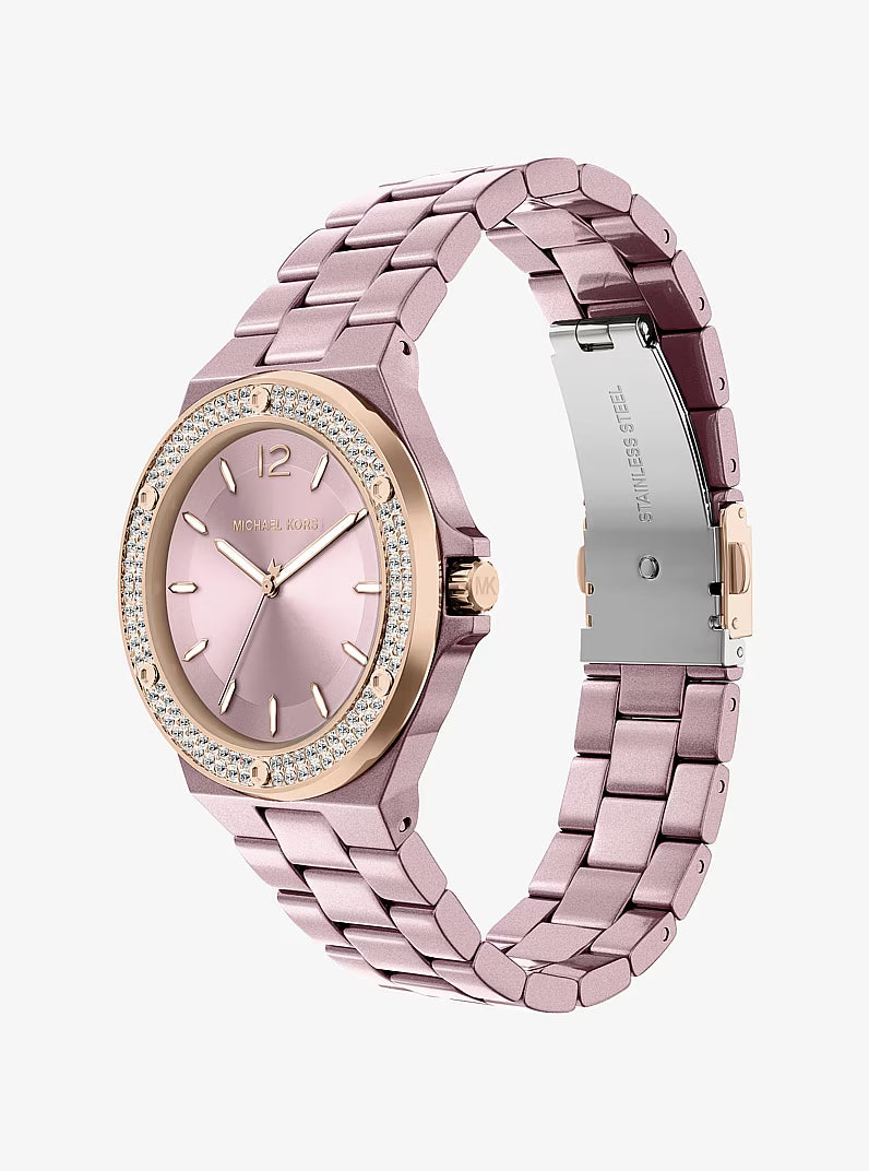 Michael Kors Mini Lennox watch on wrist showing full case, crystal bezel and link bracelet