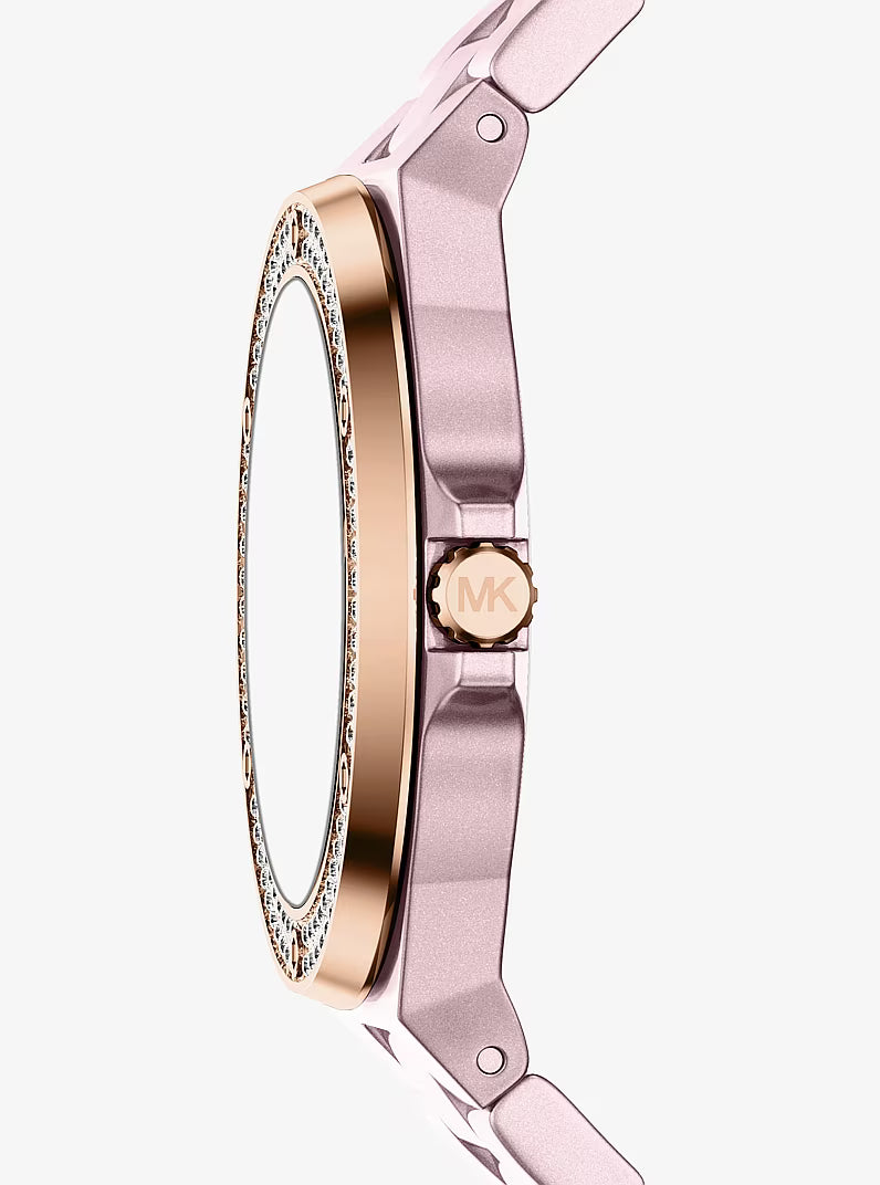 Side profile of Michael Kors Mini Lennox watch showing rose-gold bezel and pink-tone bracelet