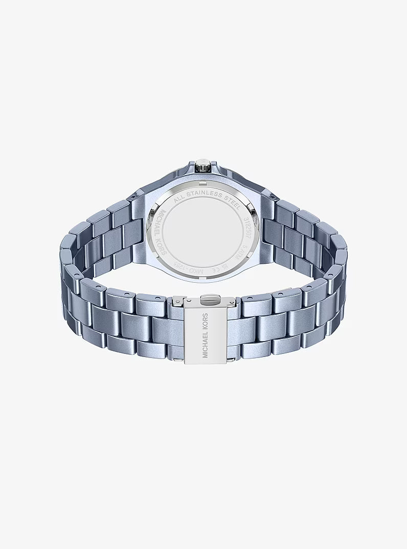 Michael Kors Mini Lennox watch caseback view displaying blue steel band and back plate
