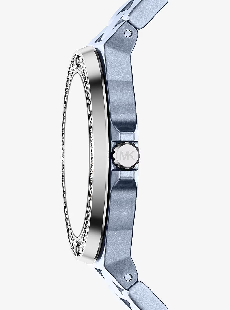 Side profile of Michael Kors Mini Lennox watch showing case thickness and blue steel bracelet
