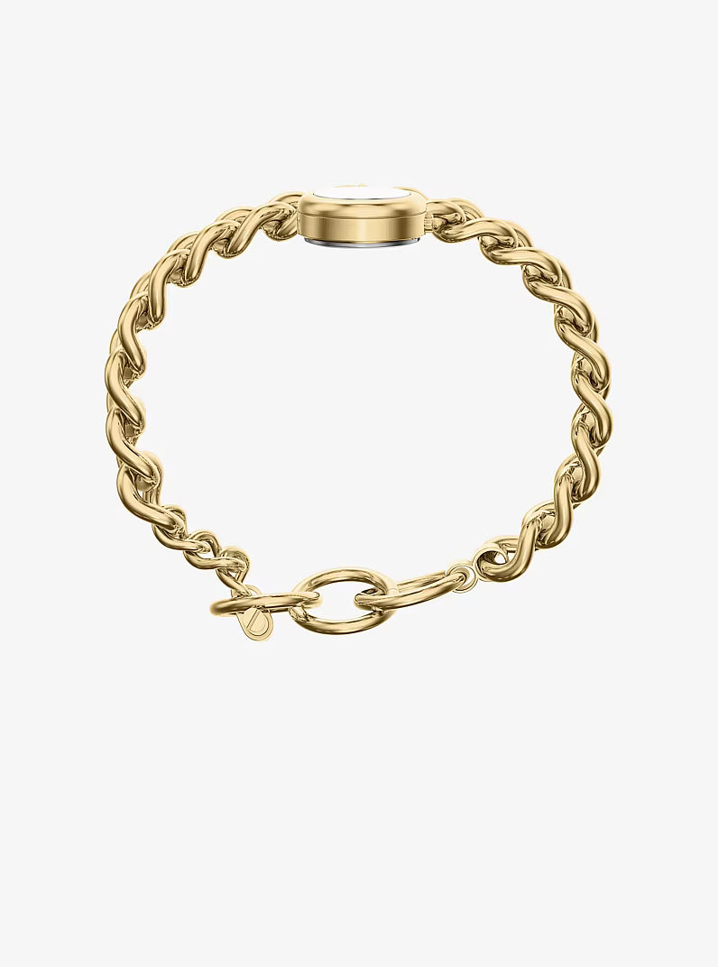 Gold-tone chain link watch positioned flat showing bracelet strap and clasp