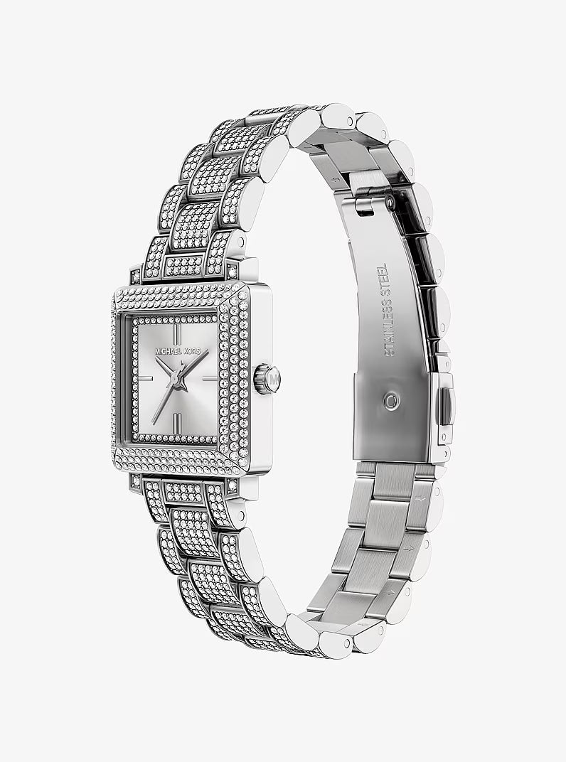 Angled view of Michael Kors Petite Gwynn watch with pavé details and metal bracelet