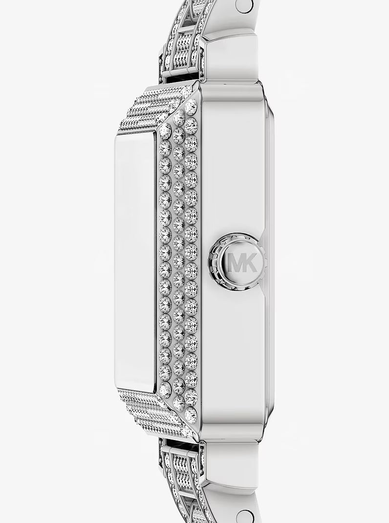 Side view of Michael Kors Petite Gwynn watch showing pavé crystal bezel and MK logo