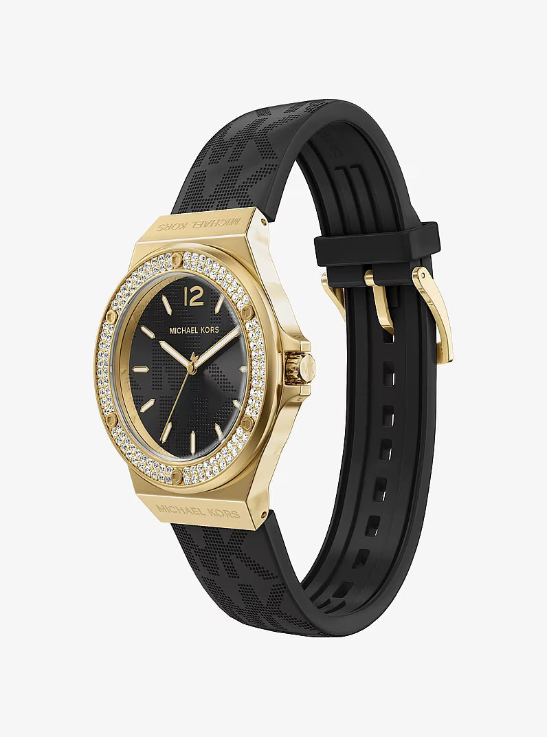 Michael Kors Lennox angled view displaying pavé bezel and black dial with gold accents