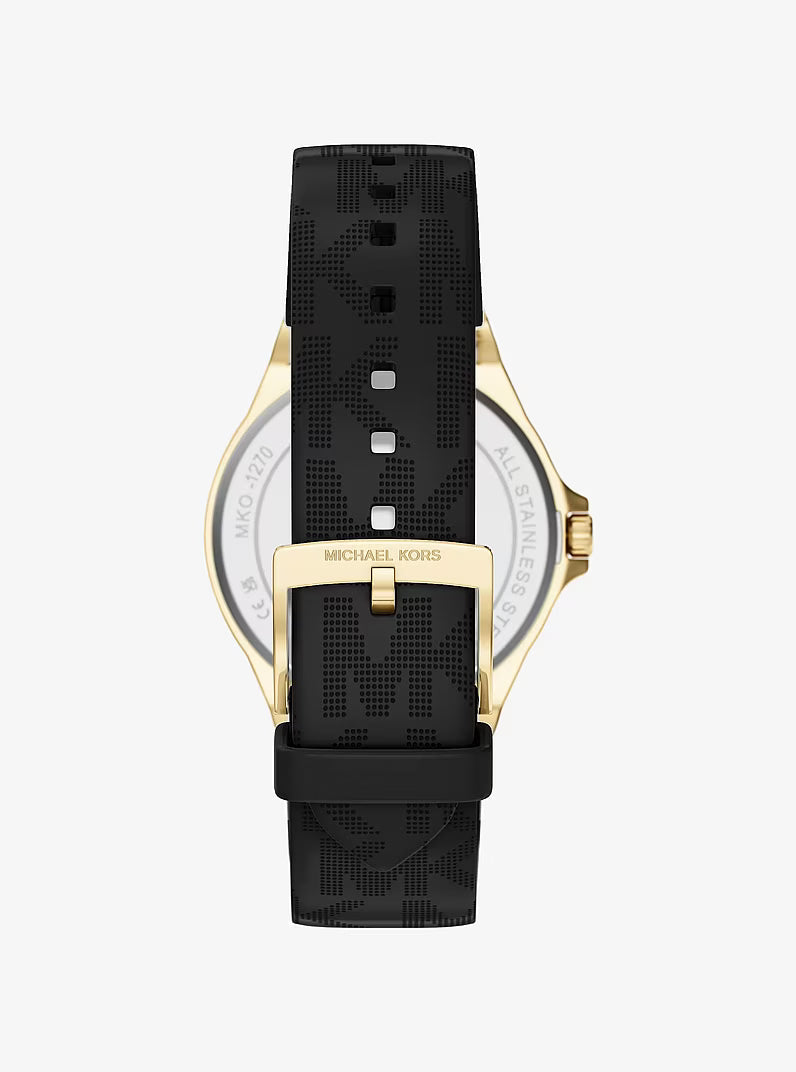 Michael Kors Lennox caseback view with black textured strap and gold-tone lugs