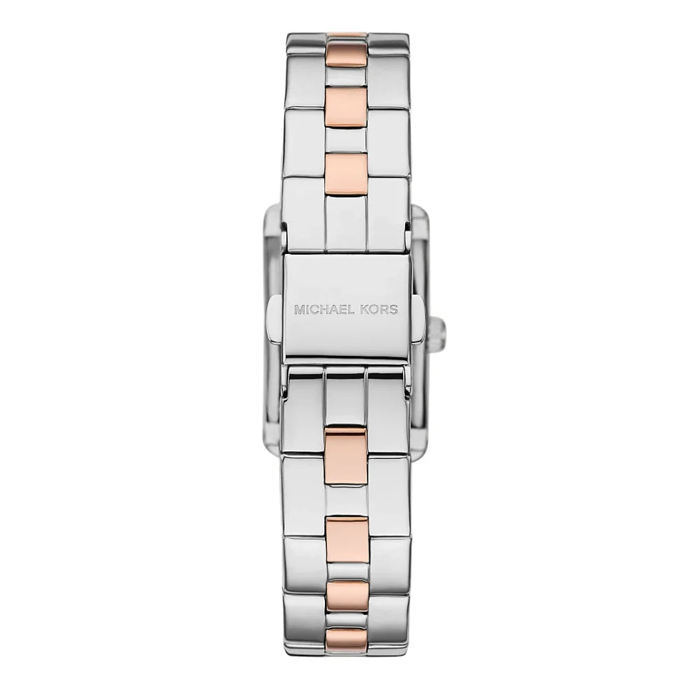 Michael Kors MKO9015 case back showing two-tone silver and rose gold bracelet detail