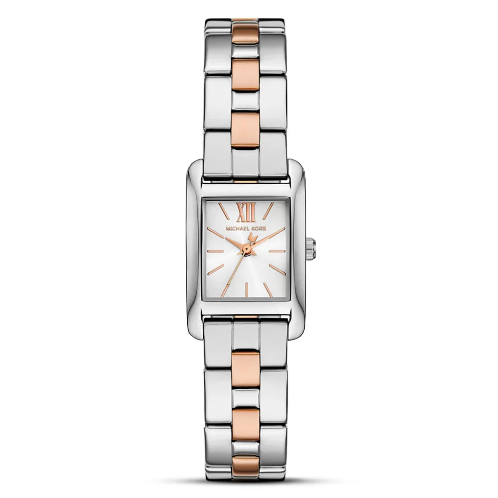 Michael Kors MKO9015 women's watch with white dial and two-tone silver and rose gold bracelet