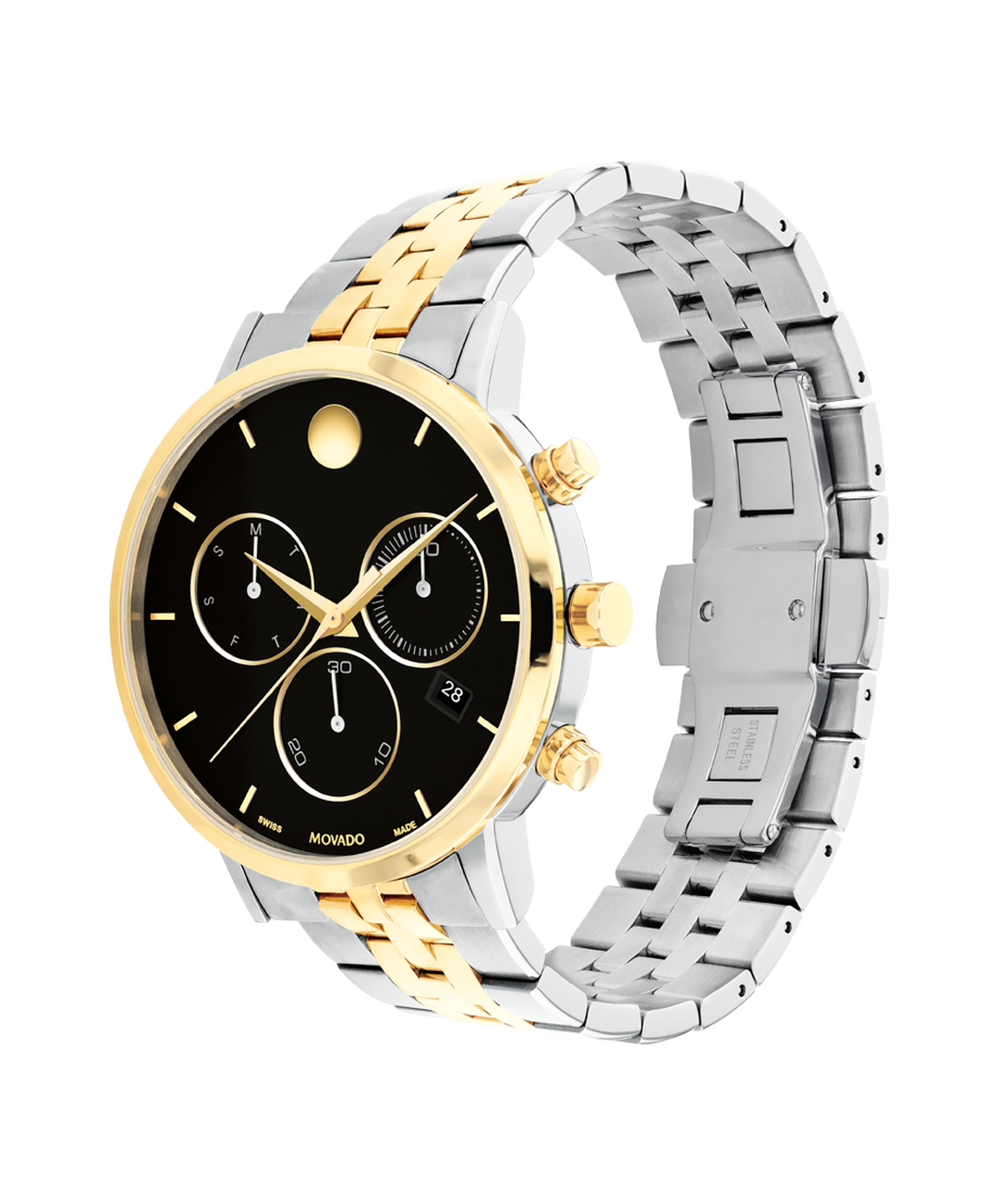 Side profile of Movado 0607777 chronograph showing mixed stainless steel and yellow gold bracelet and yellow case accent