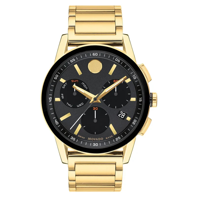 Movado gold steel chronograph watch with black dial and gold hour markers