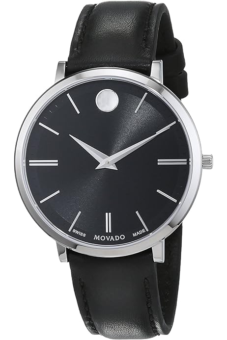 Movado 1881 watch at angle showing black leather strap and minimalist dial with applied indices