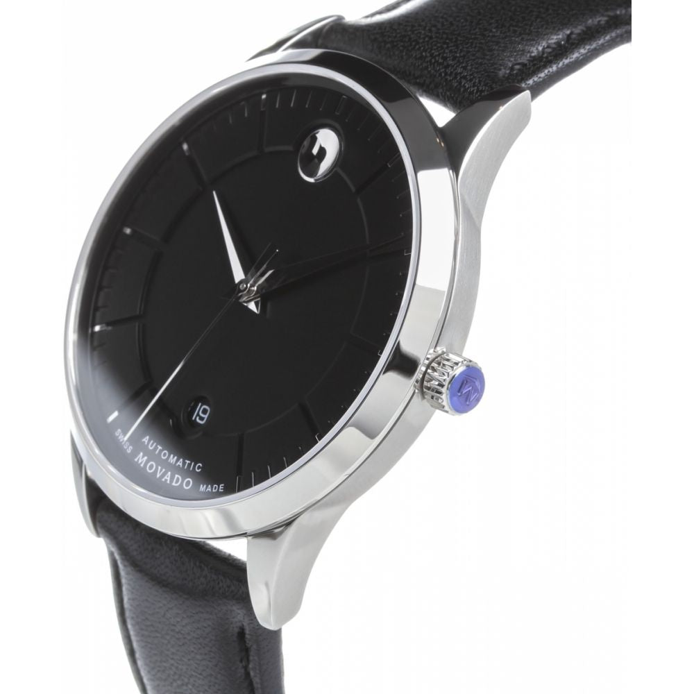 Movado 1881 automatic watch worn on wrist, displaying black dial and leather strap