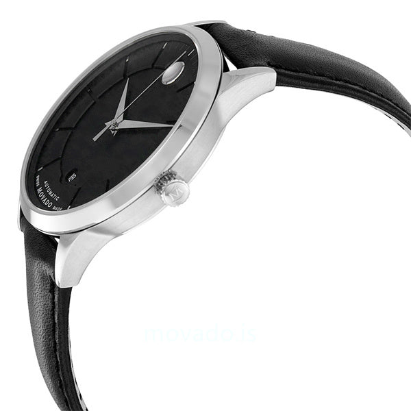 Side profile of Movado 1881 watch showing case thickness and black leather strap