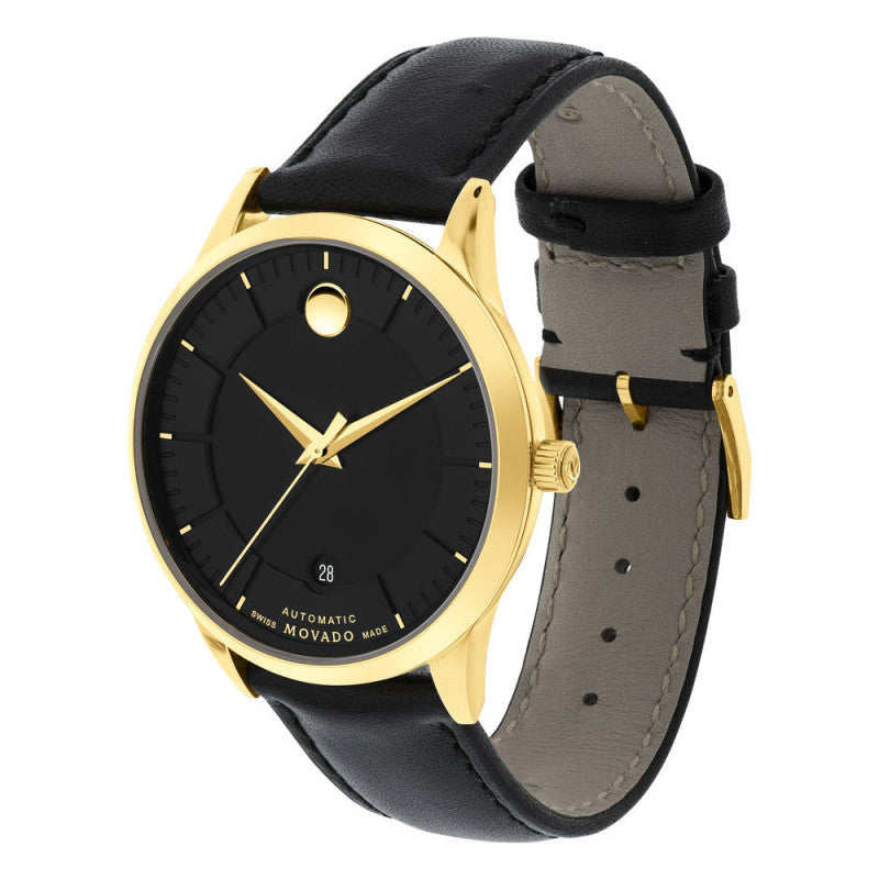 Movado 1881 watch three-quarter view showing gold case and black leather strap