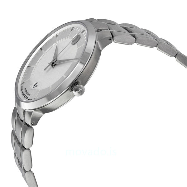 Movado 1881 Automatic watch side angle showing stainless steel case and three-link bracelet