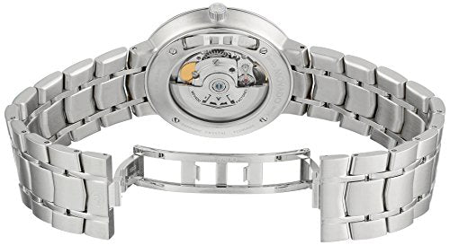 Movado 1881 Automatic watch displayed caseback up showing automatic movement and metal bracelet