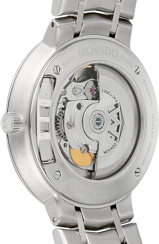 Movado 1881 Automatic watch caseback showing automatic movement with rotor
